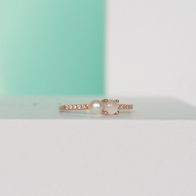 Rose Quartz Button Pearl and Diamond Ring