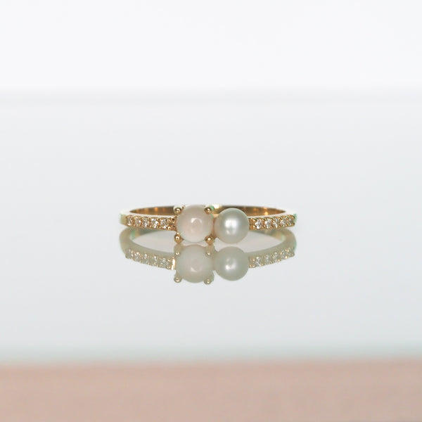 Rose Quartz Button Pearl and Diamond Ring