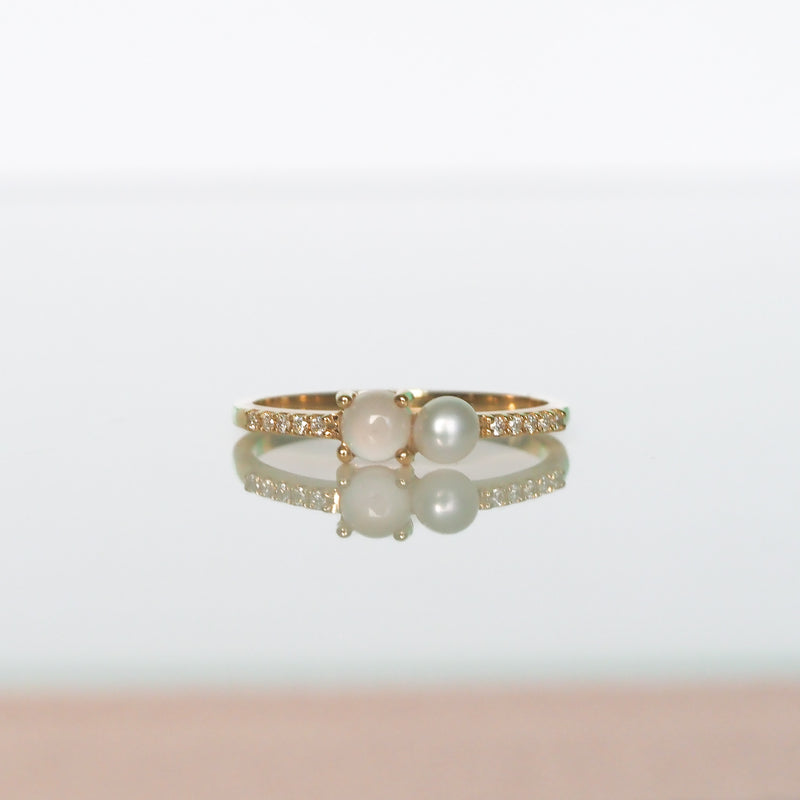 Rose Quartz Button Pearl and Diamond Ring