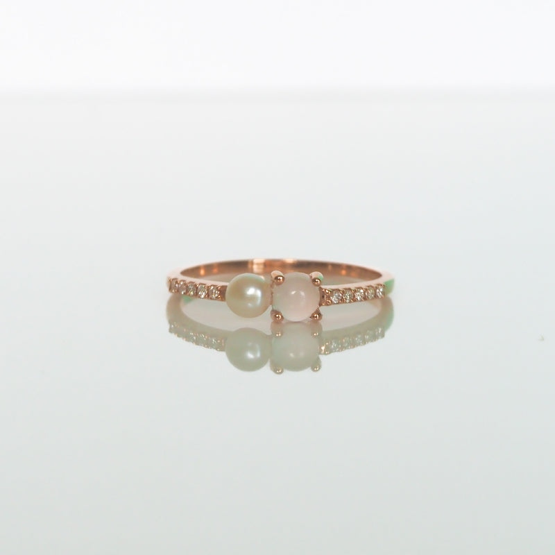 Rose Quartz Button Pearl and Diamond Ring