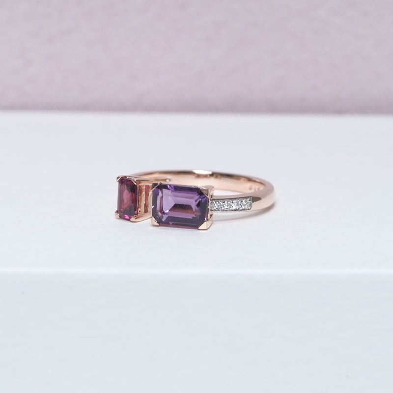 Amethyst and Rhodolite Garnet Toi Et Moi Ring