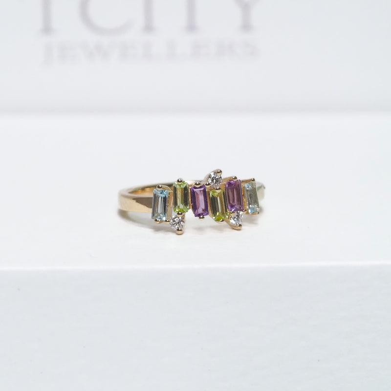 Freeform Amethyst Peridot Topaz and Diamond Ring