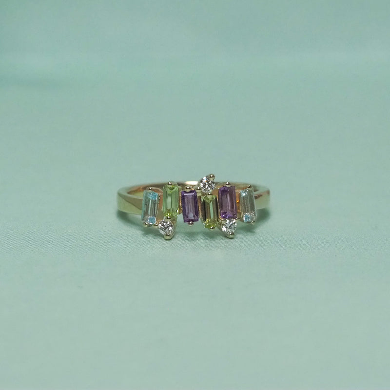 Freeform Amethyst Peridot Topaz and Diamond Ring