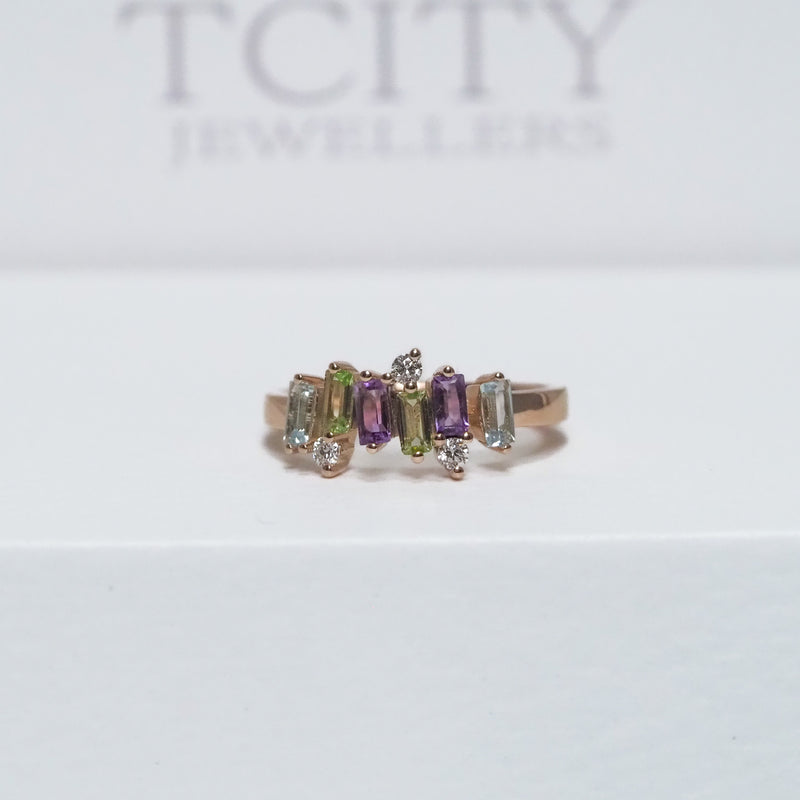 Freeform Amethyst Peridot Topaz and Diamond Ring