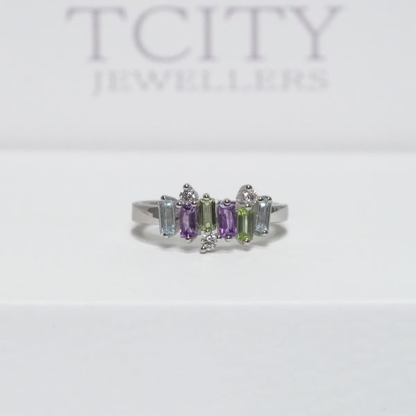 Freeform Amethyst Peridot Topaz and Diamond Ring
