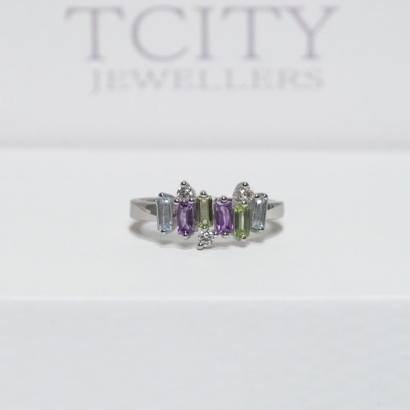 Freeform Amethyst Peridot Topaz and Diamond Ring