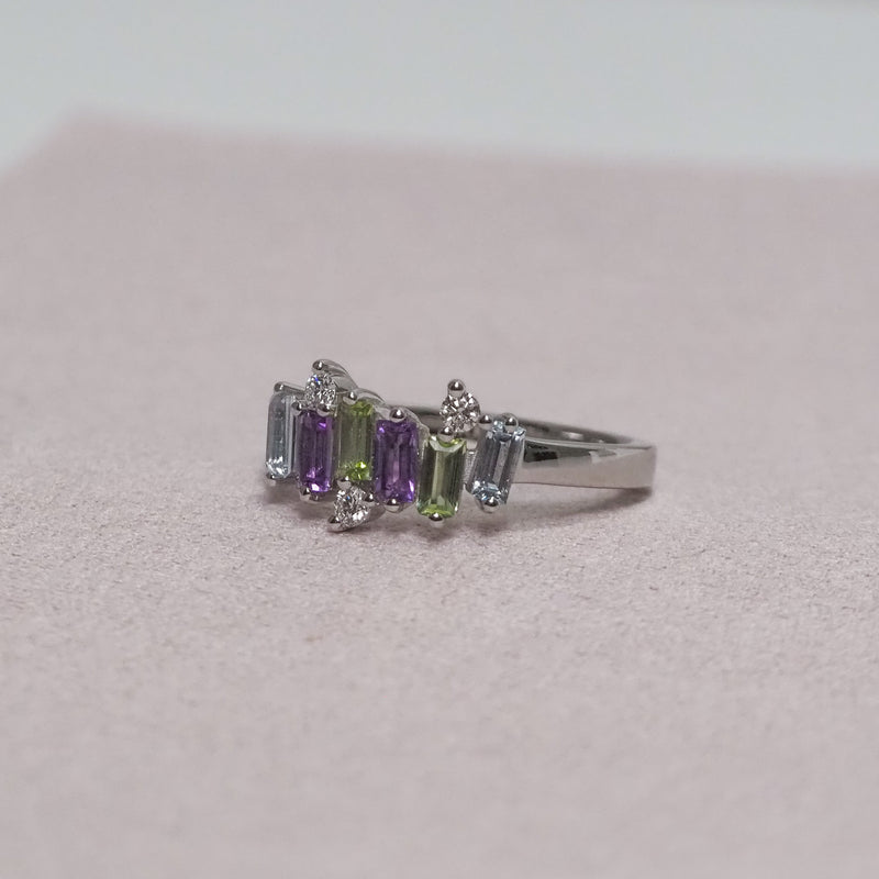 Freeform Amethyst Peridot Topaz and Diamond Ring