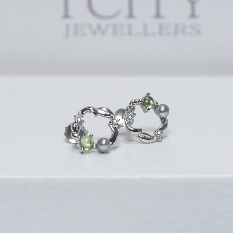 Pearl Peridot and Diamond Circle Studs