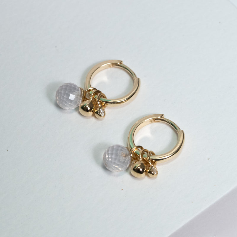 Mini Gold Hoop Earring with Rose Quartz and Diamond Charms