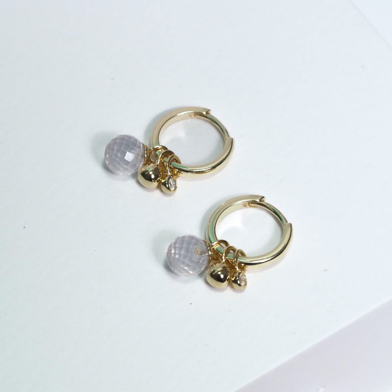 Mini Gold Hoop Earring with Rose Quartz and Diamond Charms