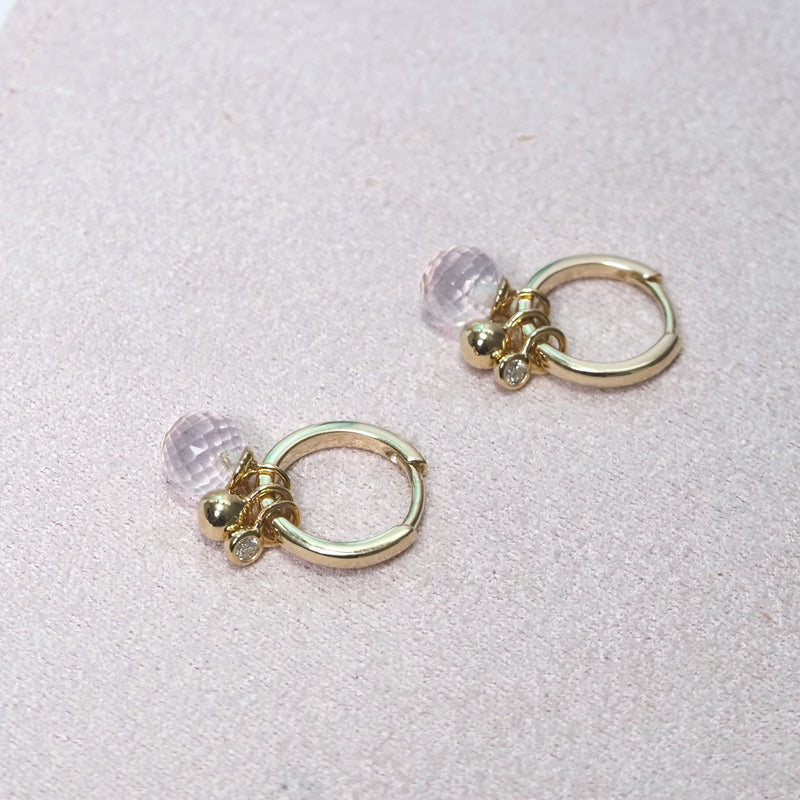 Mini Gold Hoop Earring with Rose Quartz and Diamond Charms
