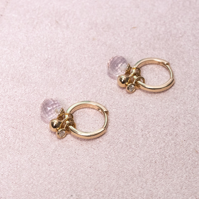 Mini Gold Hoop Earring with Rose Quartz and Diamond Charms