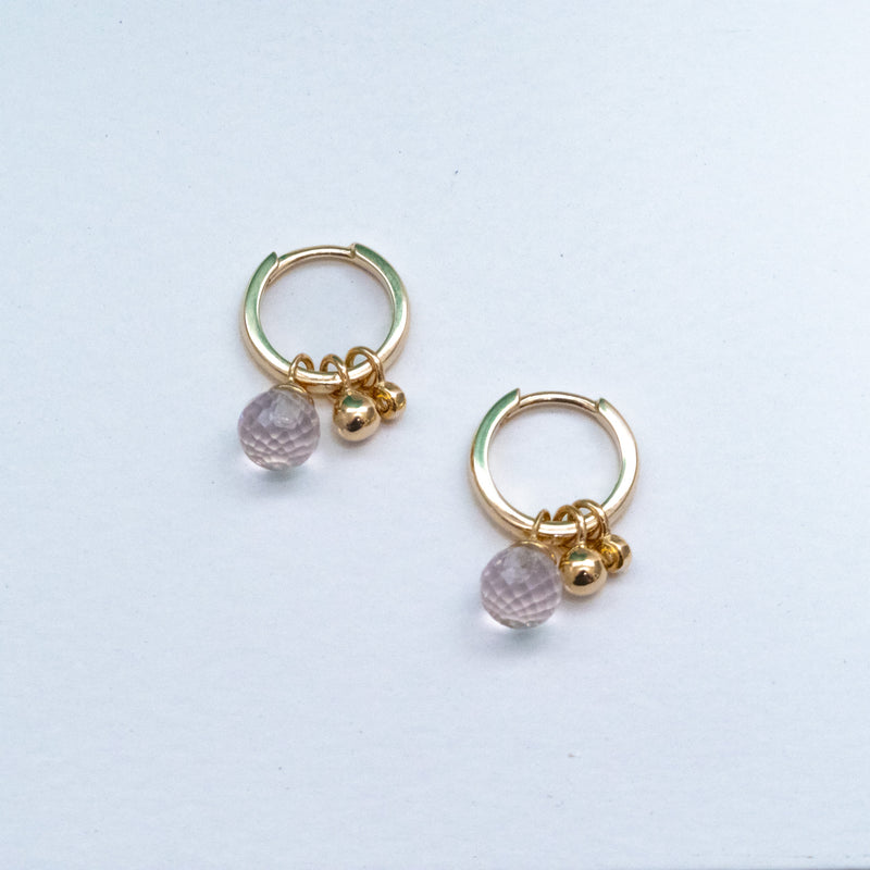 Mini Gold Hoop Earring with Rose Quartz and Diamond Charms