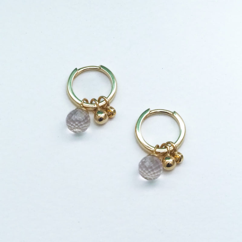 Mini Gold Hoop Earring with Rose Quartz and Diamond Charms