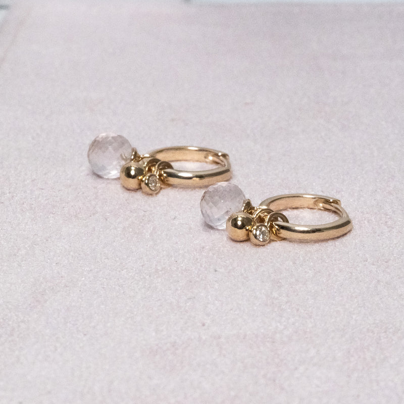 Mini Gold Hoop Earring with Rose Quartz and Diamond Charms