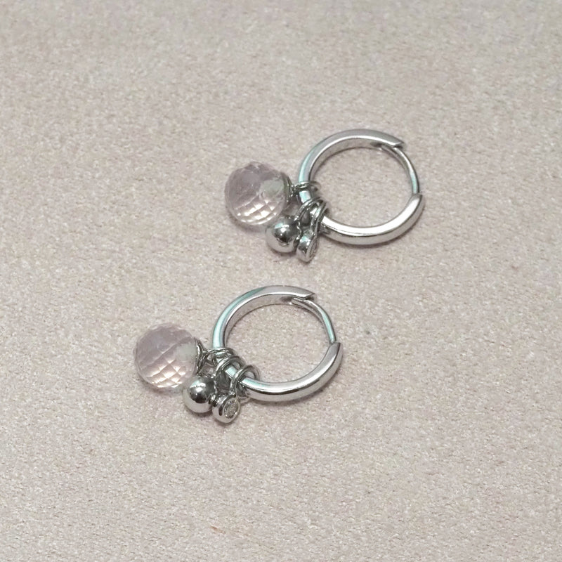 Mini Gold Hoop Earring with Rose Quartz and Diamond Charms