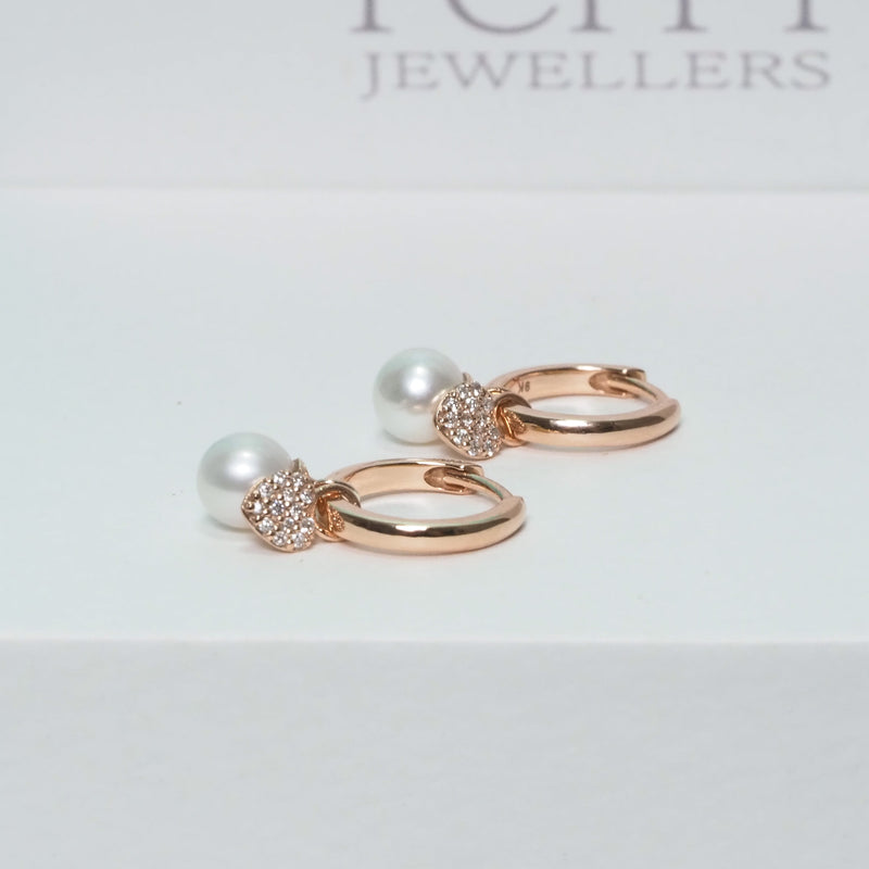 Mini Gold Hoop Earrings with Pearl and Diamond Charms