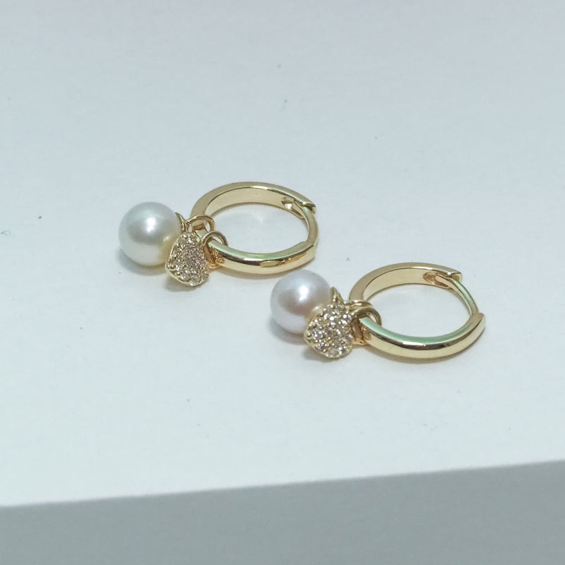 Mini Gold Hoop Earrings with Pearl and Diamond Charms