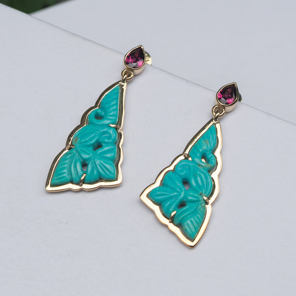 Carved Turquoise and Garnet Earring