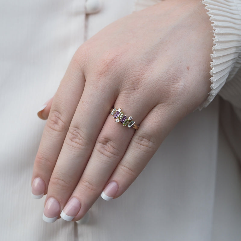 Freeform Amethyst Peridot Topaz and Diamond Ring