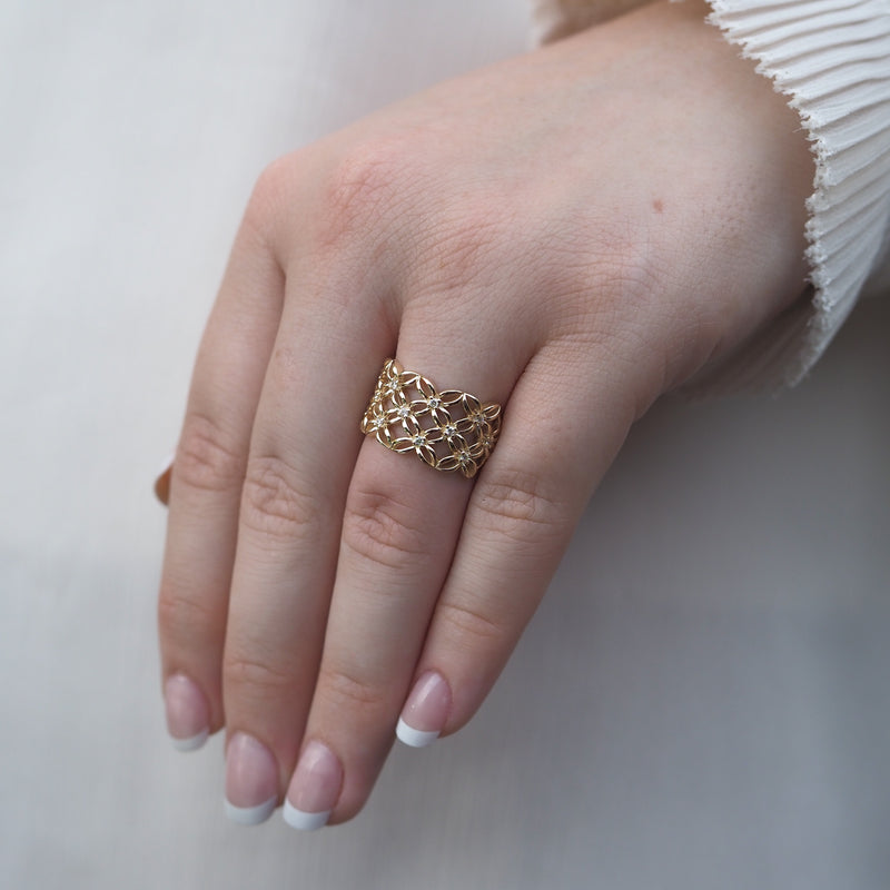 Diamond Wide Band Patterned Ring