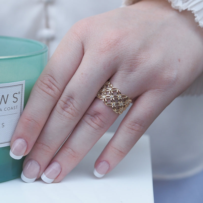 Diamond Wide Band Patterned Ring
