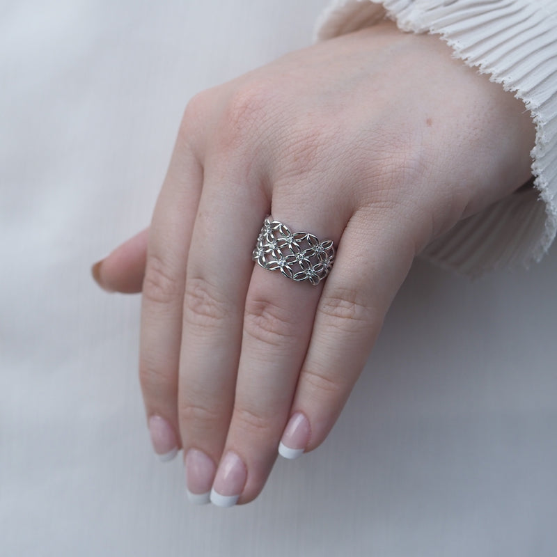 Diamond Wide Band Patterned Ring