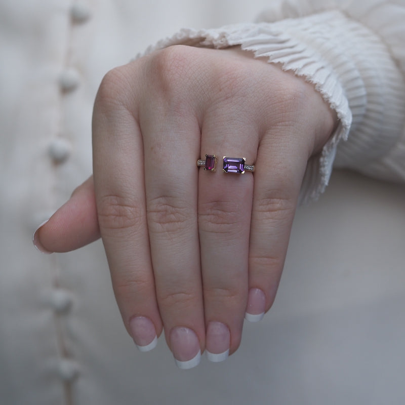 Amethyst and Rhodolite Garnet Toi Et Moi Ring