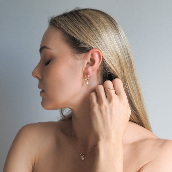 Mini Gold Hoop Earrings with Pearl and Diamond Charms