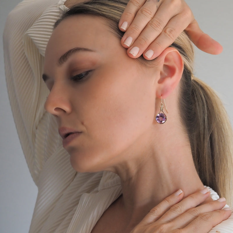 Dewdrop Amethyst 12mm Earrings Rose Gold
