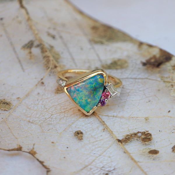 Opal Freeform Diamond and Sapphire Ring