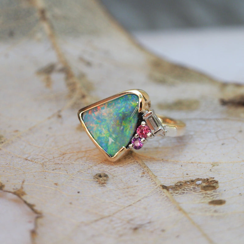 Opal Freeform Diamond and Sapphire Ring