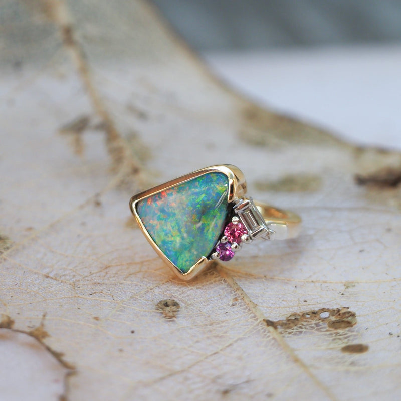 Opal Freeform Diamond and Sapphire Ring