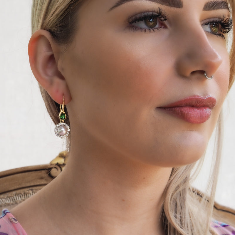 Tsavorite garnet and Pearl diamond Halo Earrings