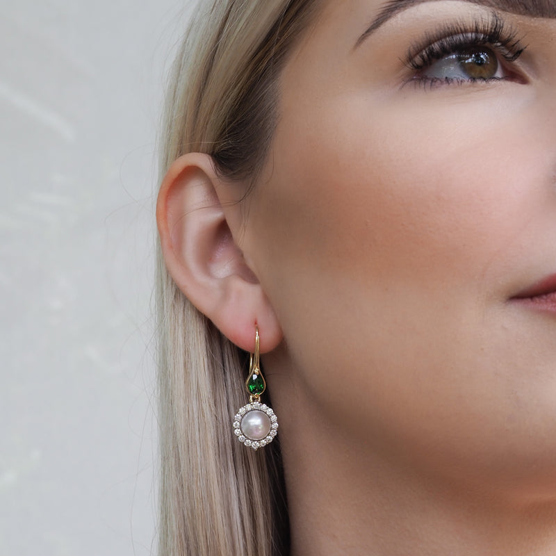 Tsavorite garnet and Pearl diamond Halo Earrings