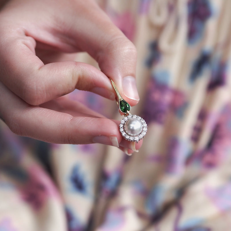 Tsavorite garnet and Pearl diamond Halo Earrings