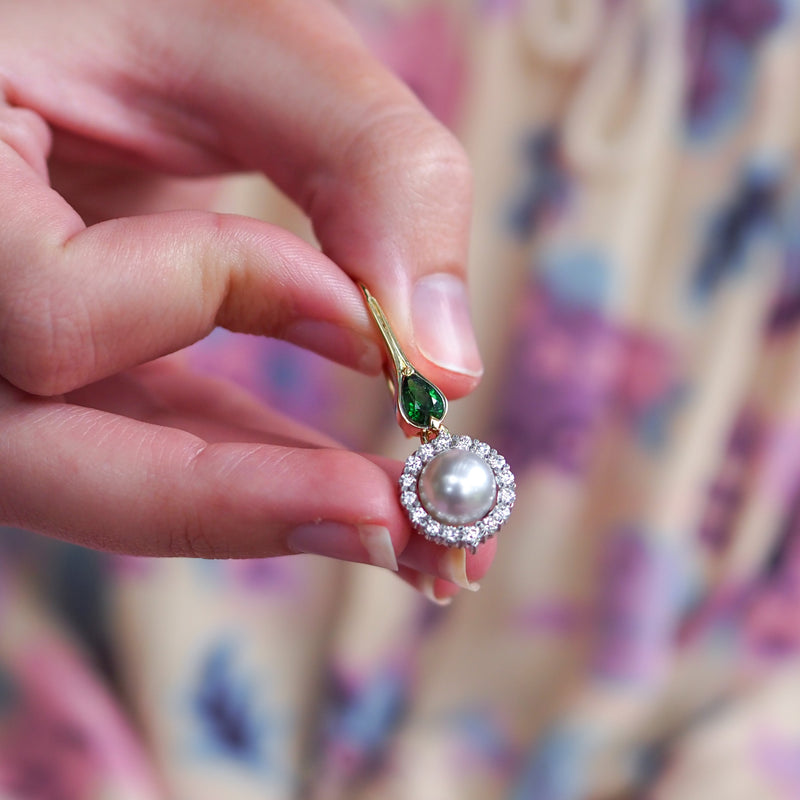 Tsavorite garnet and Pearl diamond Halo Earrings