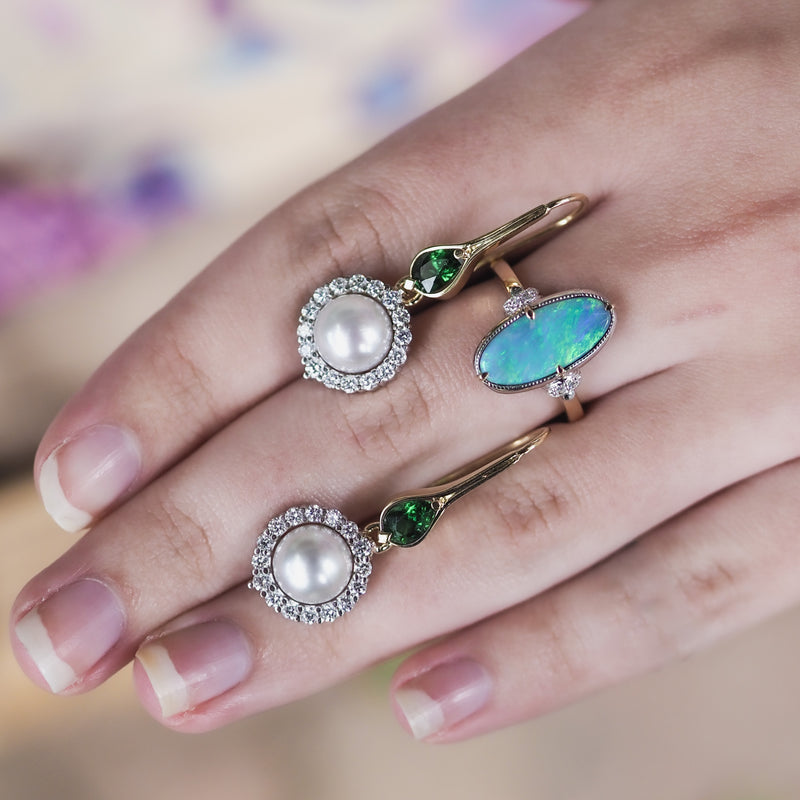Tsavorite garnet and Pearl diamond Halo Earrings