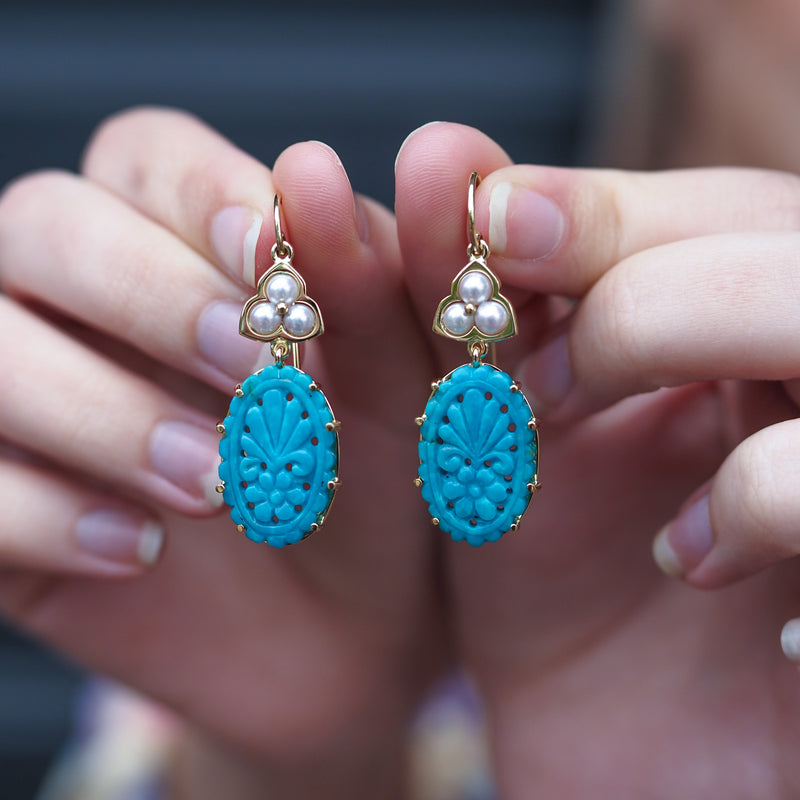 Carved Turquoise and Akoya Pearl Earrings