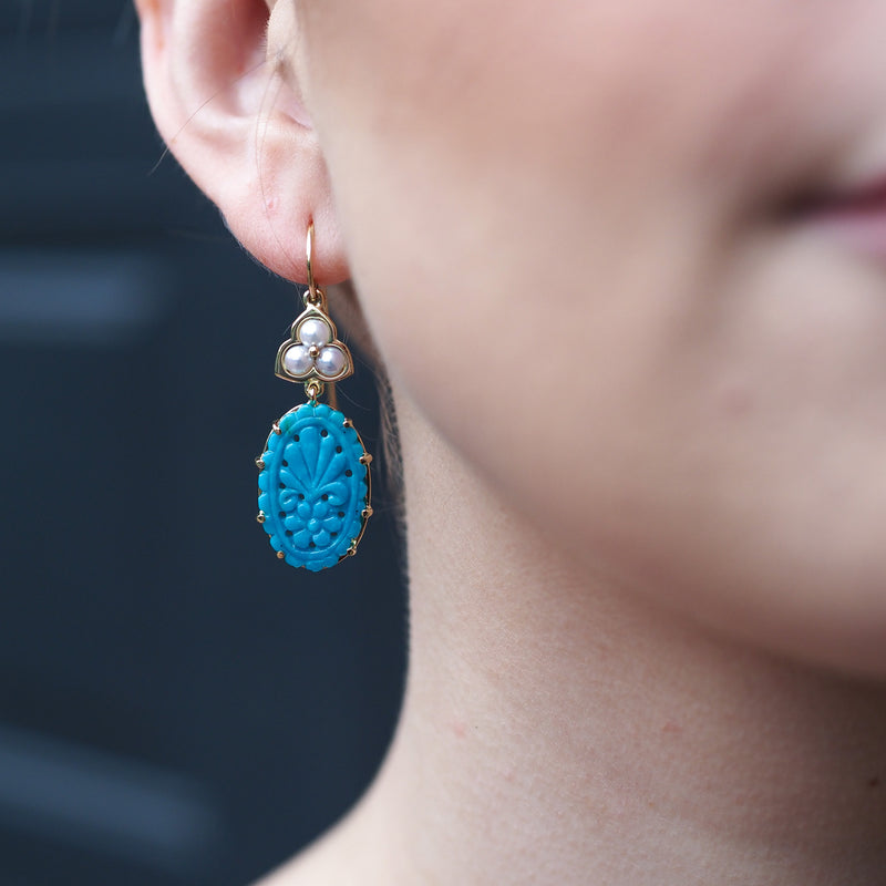 Carved Turquoise and Akoya Pearl Earrings