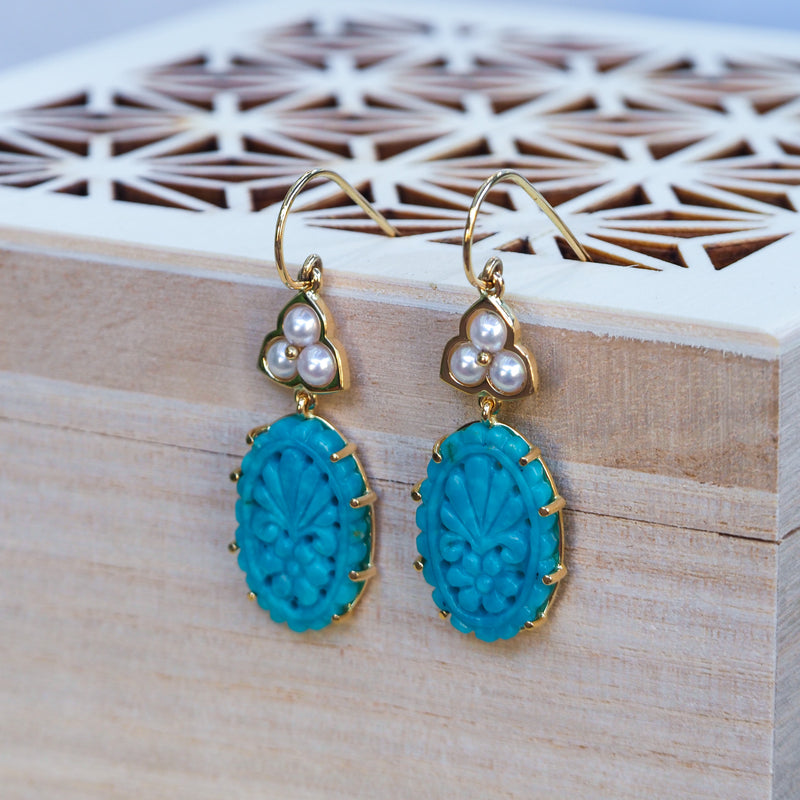 Carved Turquoise and Akoya Pearl Earrings