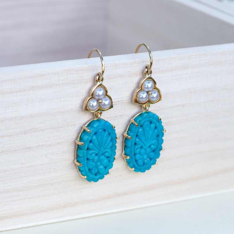 Carved Turquoise and Akoya Pearl Earrings