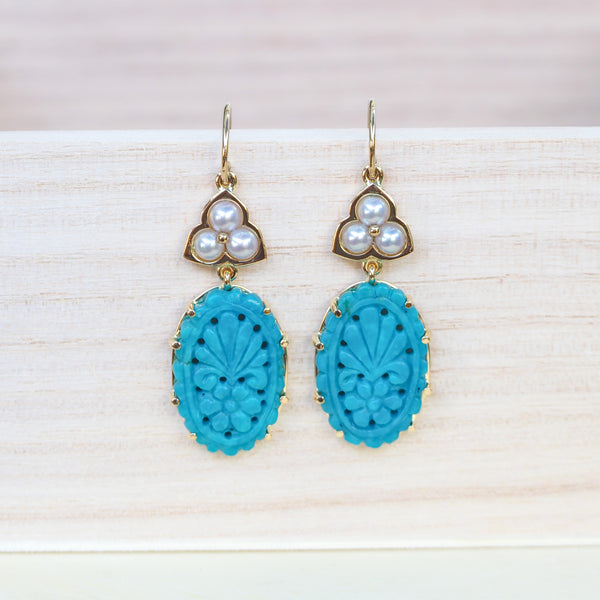 Carved Turquoise and Akoya Pearl Earrings