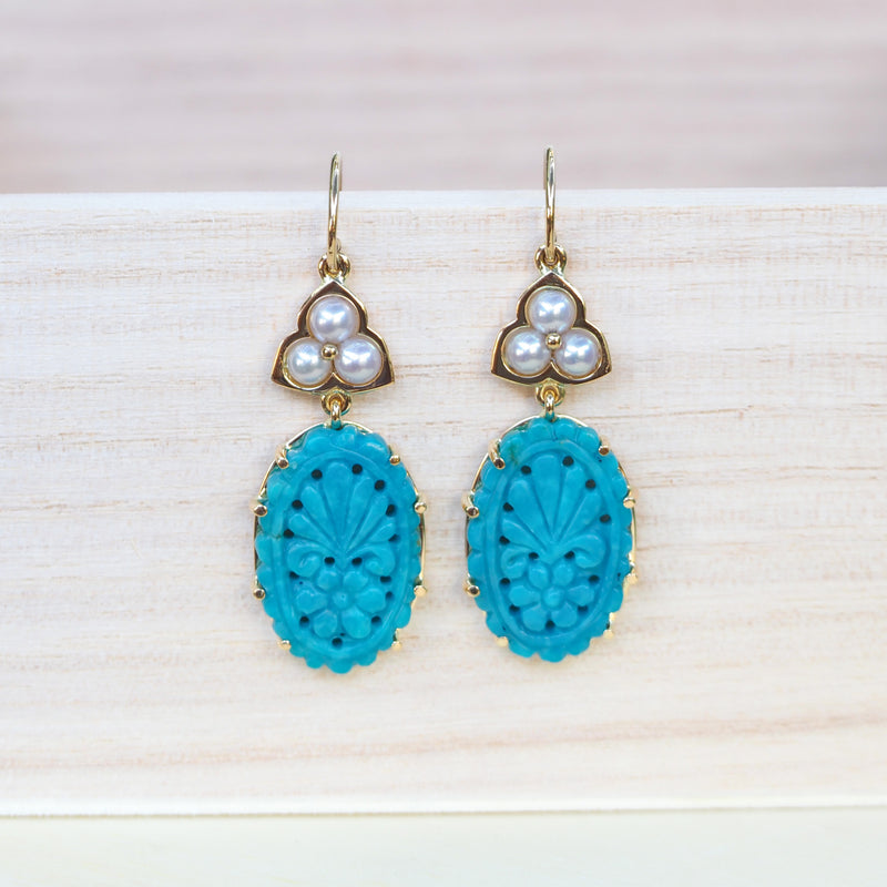 Carved Turquoise and Akoya Pearl Earrings