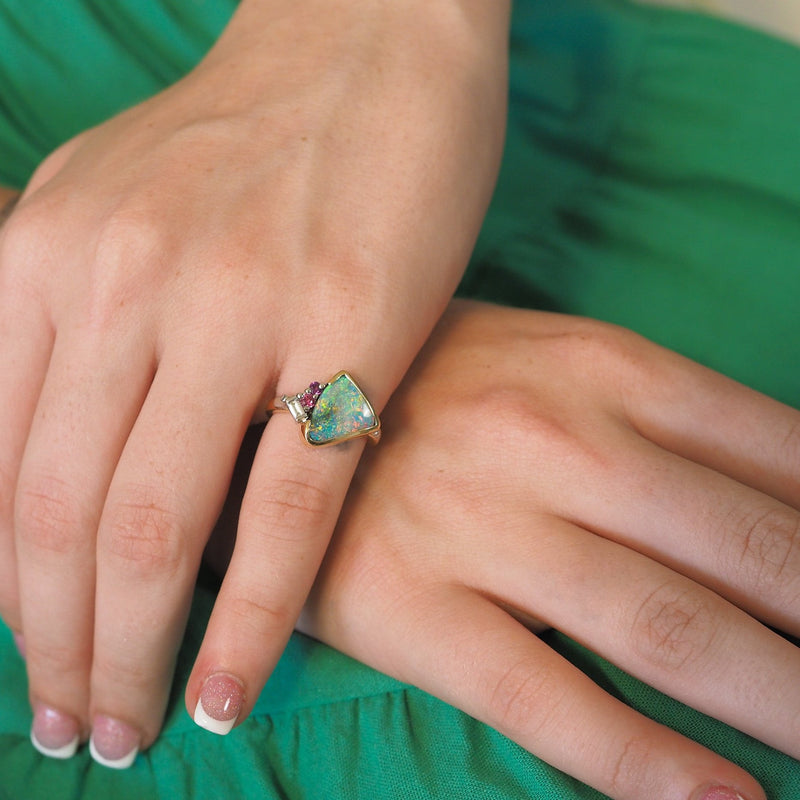 Opal Freeform Diamond and Sapphire Ring