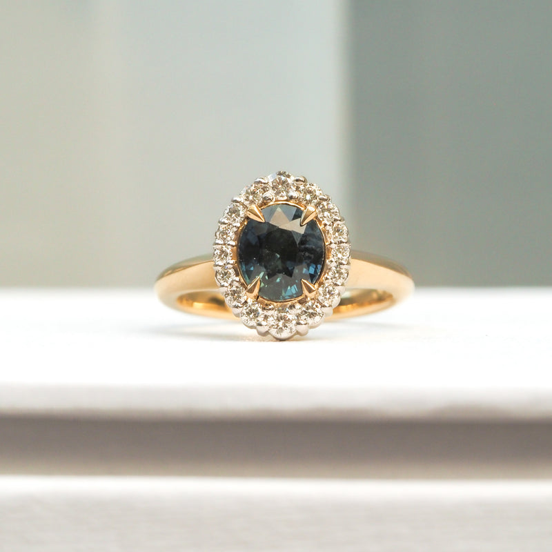 Teal Sapphire Graduated Diamond Halo